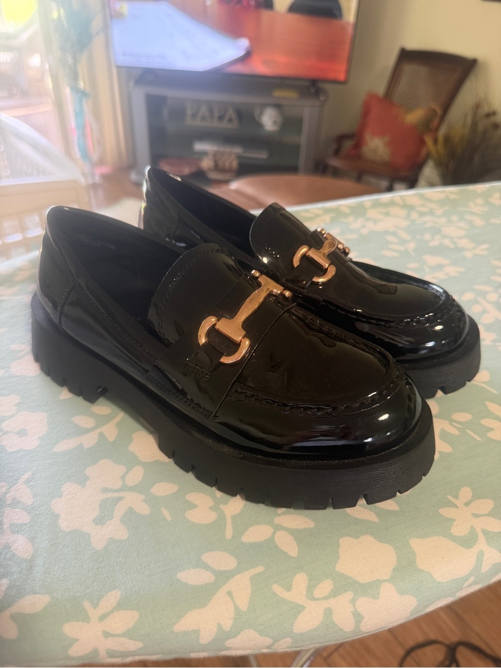 BAMBOO Black Patent Lug Sole Loafers with Gold Hardware